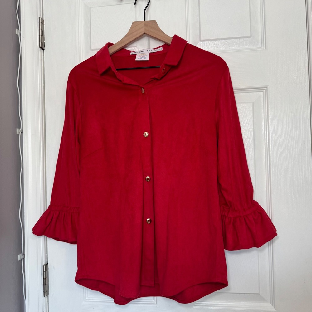 Gretchen Scott Red Faux Suede Ruffle Cuff Gold Button Down Shirt Top Red Large